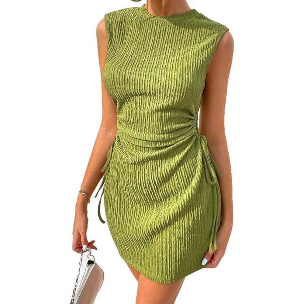 Women's Summer Cut Out Ruched Bodycon Mini Dress Sleeveless Drawstring Y2K